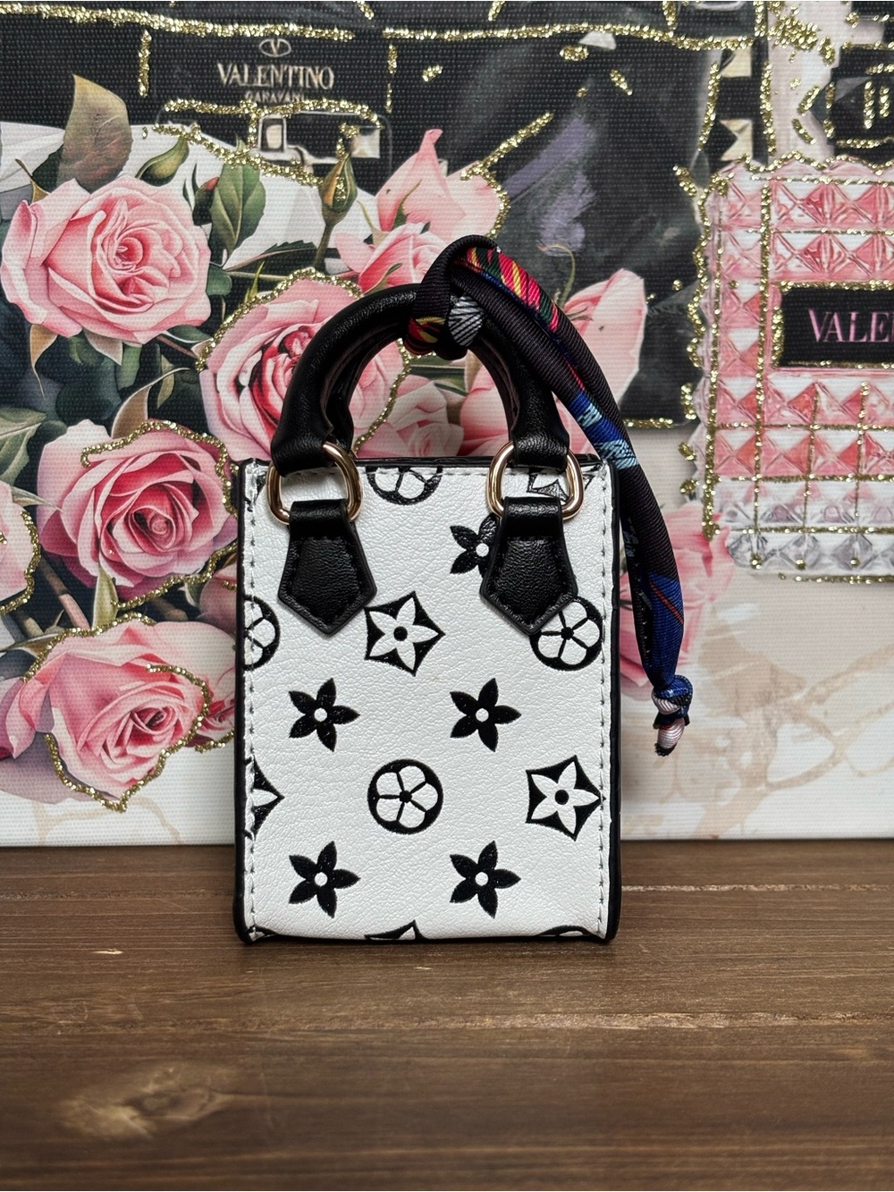 White Mini Tote with Black Motif and Multicolor Scarf Accent Keychain. - Picture 1 of 3